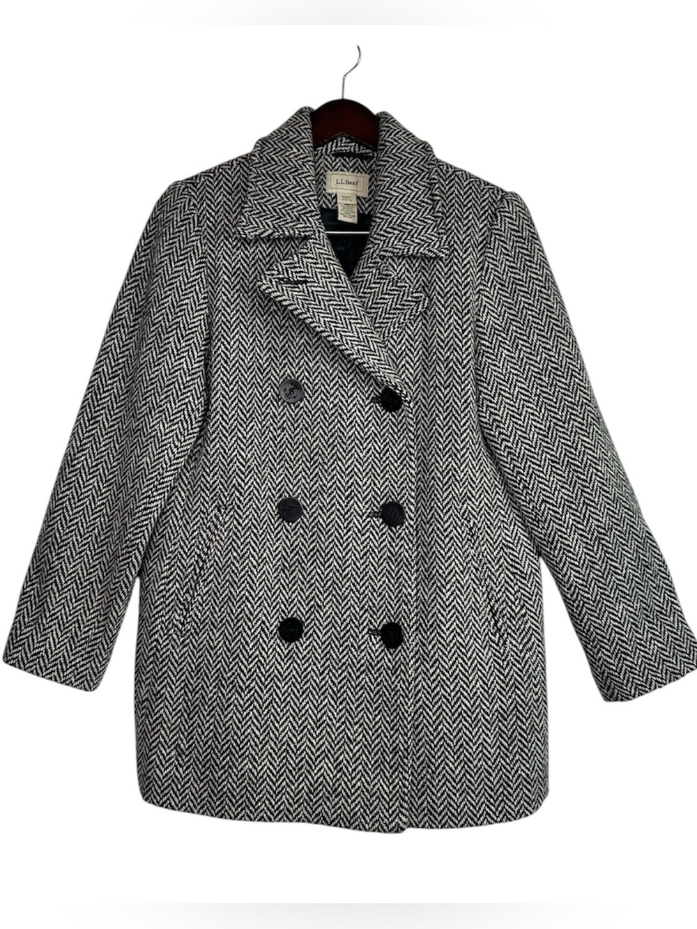 Vintage L.L. Bean Double Breasted Woven Herringbone Wool Blend Coat Size 12P